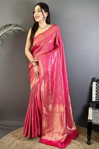 pink  satin silk blend floral motifs & ethnic silver zari design kanchipuram saree