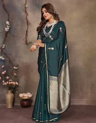 dark green satin silk blend floral & botanical motifs zari woven banarasi saree 3