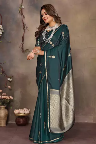 dark green satin silk blend floral & botanical motifs zari woven banarasi saree