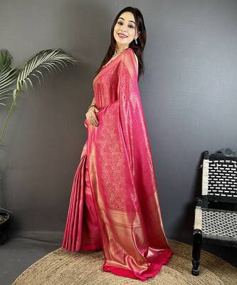 pink  satin silk blend floral motifs & ethnic silver zari design kanchipuram saree 2