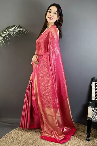 pink  satin silk blend floral motifs & ethnic silver zari design kanchipuram saree