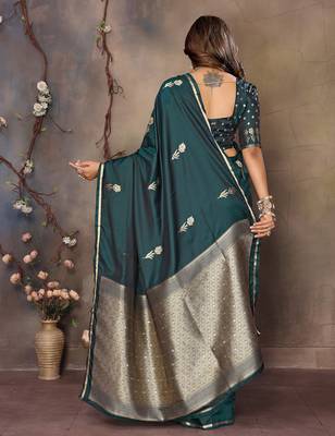 dark green satin silk blend floral & botanical motifs zari woven banarasi saree 4