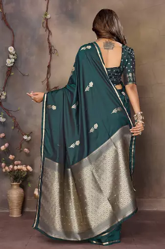 dark green satin silk blend floral & botanical motifs zari woven banarasi saree