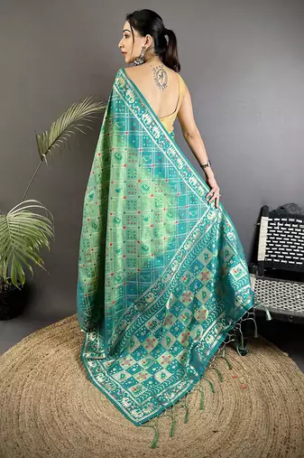 tuquoise soft silk blend geomatric zari woven patola saree