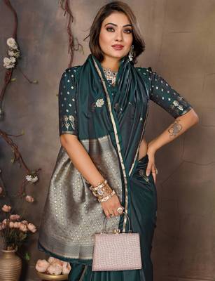 dark green satin silk blend floral & botanical motifs zari woven banarasi saree 5