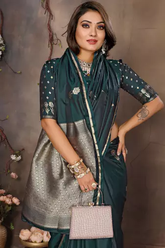 dark green satin silk blend floral & botanical motifs zari woven banarasi saree