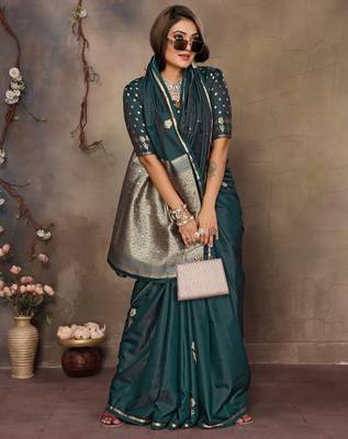 dark green satin silk blend floral & botanical motifs zari woven banarasi saree 6