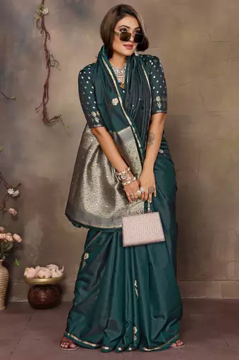 dark green satin silk blend floral & botanical motifs zari woven banarasi saree