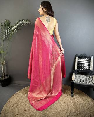 pink  satin silk blend floral motifs & ethnic silver zari design kanchipuram saree 3