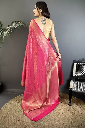 pink  satin silk blend floral motifs & ethnic silver zari design kanchipuram saree