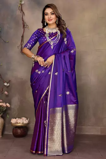 purple satin silk blend floral & botanical motifs zari woven banarasi saree