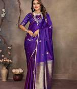 purple satin silk blend floral & botanical motifs zari woven banarasi saree