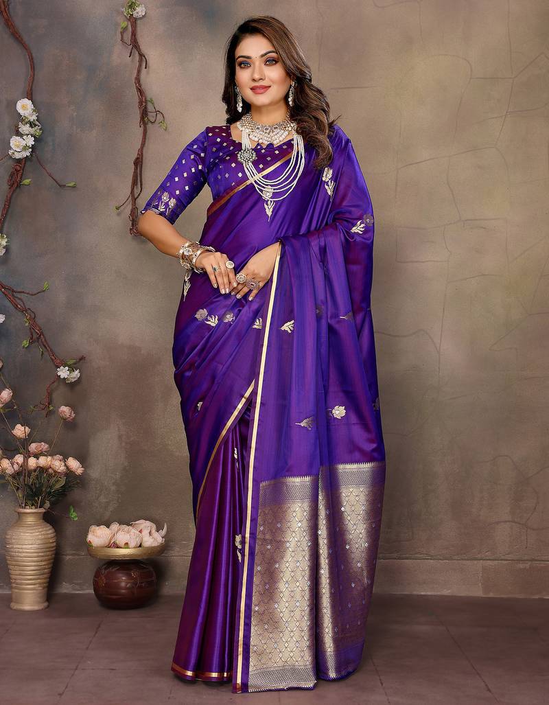 purple satin silk blend floral & botanical motifs zari woven banarasi saree