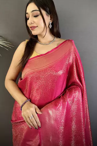 pink  satin silk blend floral motifs & ethnic silver zari design kanchipuram saree