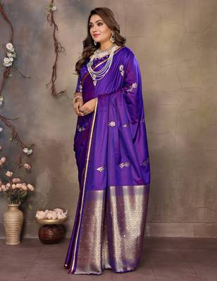 purple satin silk blend floral & botanical motifs zari woven banarasi saree 3