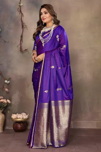 purple satin silk blend floral & botanical motifs zari woven banarasi saree