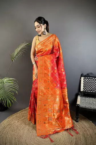 orange soft silk blend geomatric zari woven patola saree
