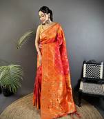 orange soft silk blend geomatric zari woven patola saree