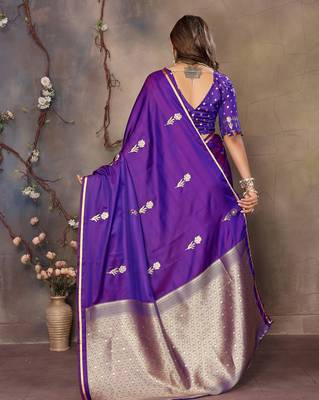 purple satin silk blend floral & botanical motifs zari woven banarasi saree 4