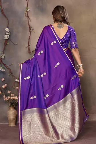 purple satin silk blend floral & botanical motifs zari woven banarasi saree