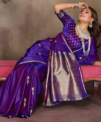 purple satin silk blend floral & botanical motifs zari woven banarasi saree 5