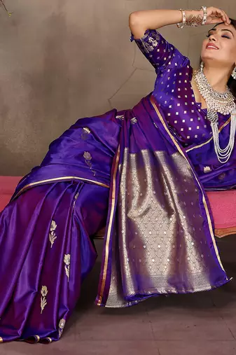 purple satin silk blend floral & botanical motifs zari woven banarasi saree