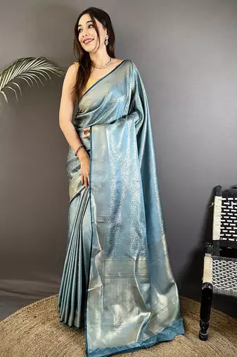 blue satin silk blend floral motifs & ethnic silver zari design kanchipuram saree