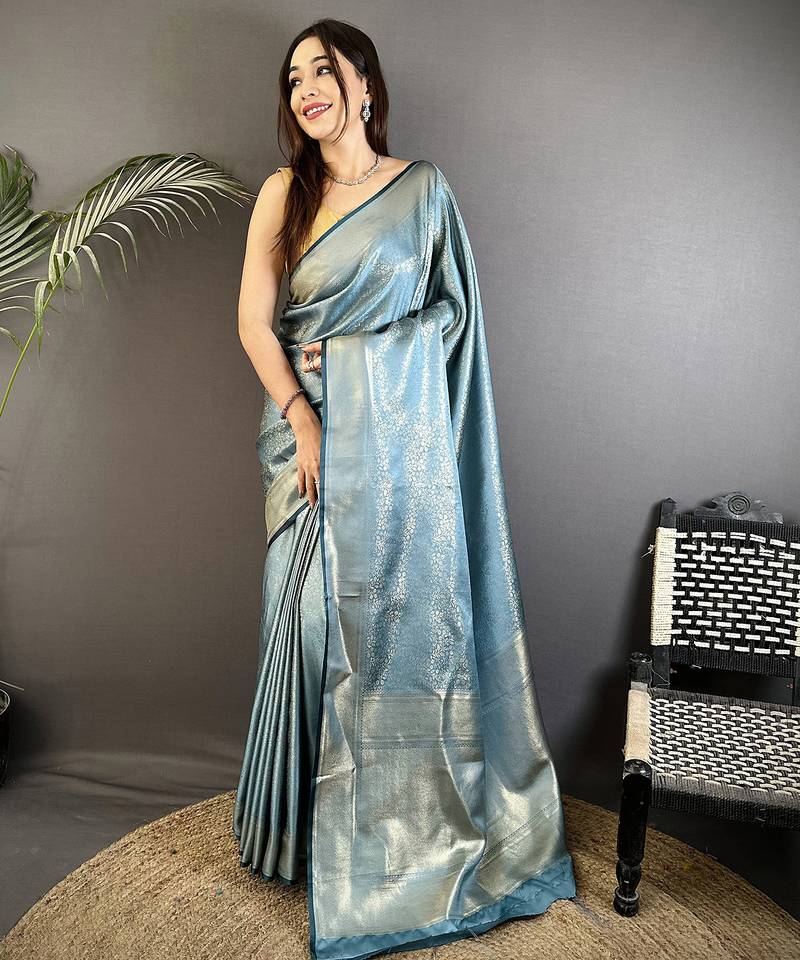 blue satin silk blend floral motifs & ethnic silver zari design kanchipuram saree
