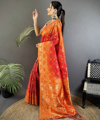 orange soft silk blend geomatric zari woven patola saree 2