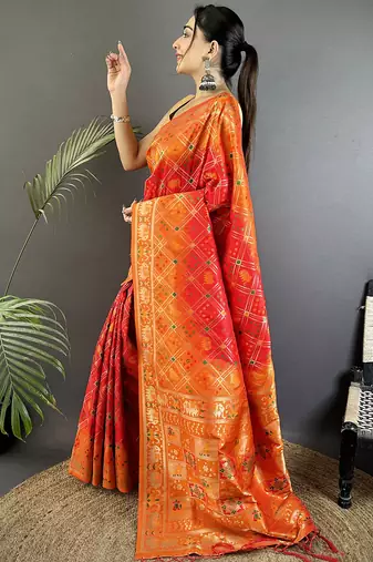 orange soft silk blend geomatric zari woven patola saree