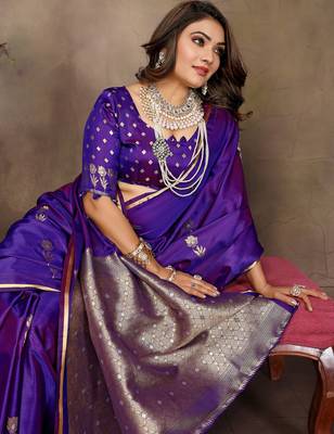 purple satin silk blend floral & botanical motifs zari woven banarasi saree 6