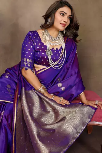 purple satin silk blend floral & botanical motifs zari woven banarasi saree