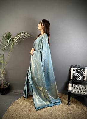 blue satin silk blend floral motifs & ethnic silver zari design kanchipuram saree 3