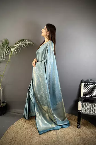 blue satin silk blend floral motifs & ethnic silver zari design kanchipuram saree