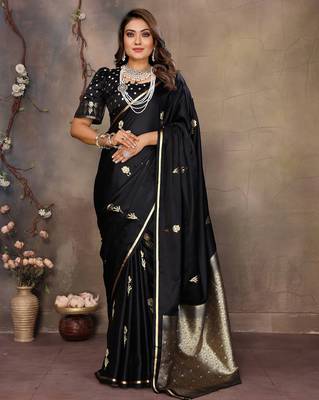 black satin silk blend floral & botanical motifs zari woven banarasi saree 1
