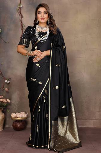 black satin silk blend floral & botanical motifs zari woven banarasi saree