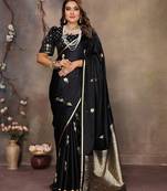 black satin silk blend floral & botanical motifs zari woven banarasi saree
