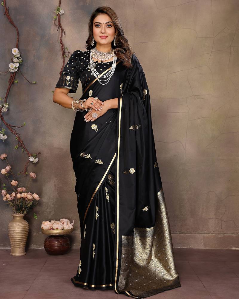 black satin silk blend floral & botanical motifs zari woven banarasi saree
