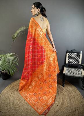 orange soft silk blend geomatric zari woven patola saree 3