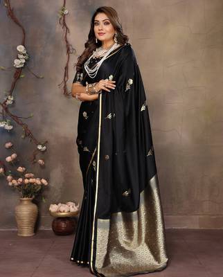 black satin silk blend floral & botanical motifs zari woven banarasi saree 3