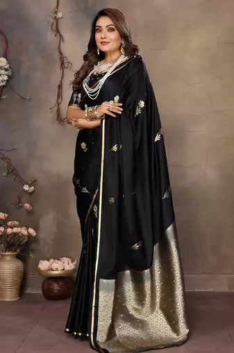 black satin silk blend floral & botanical motifs zari woven banarasi saree