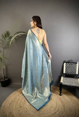 blue satin silk blend floral motifs & ethnic silver zari design kanchipuram saree 4