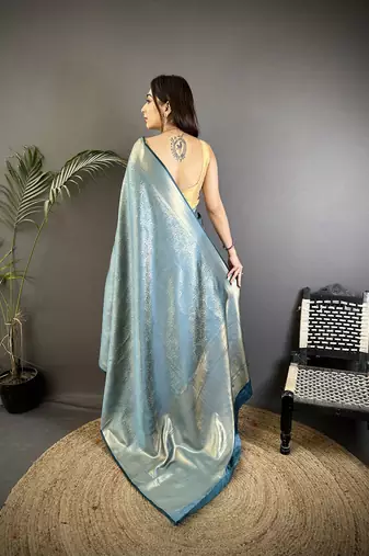 blue satin silk blend floral motifs & ethnic silver zari design kanchipuram saree