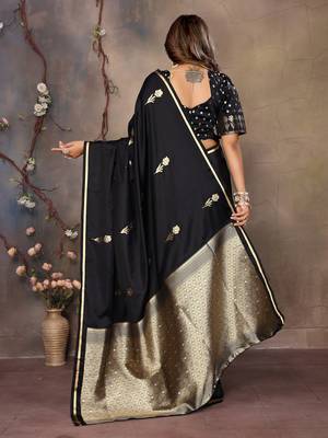 black satin silk blend floral & botanical motifs zari woven banarasi saree 4