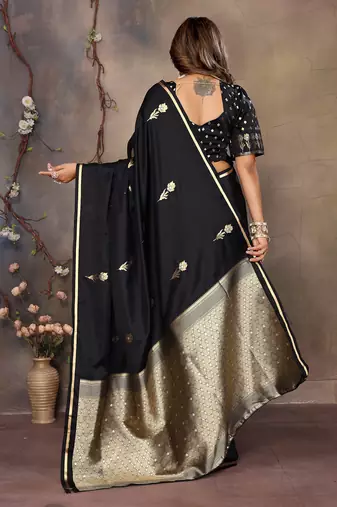 black satin silk blend floral & botanical motifs zari woven banarasi saree