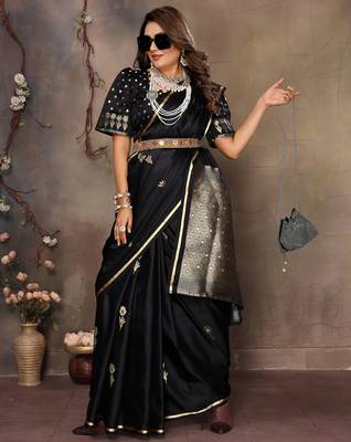 black satin silk blend floral & botanical motifs zari woven banarasi saree 5