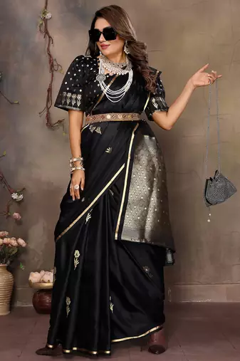 black satin silk blend floral & botanical motifs zari woven banarasi saree
