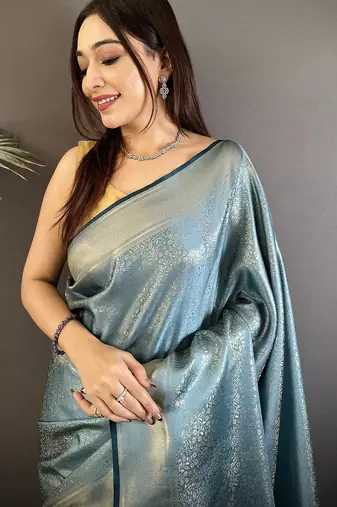 blue satin silk blend floral motifs & ethnic silver zari design kanchipuram saree