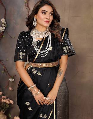black satin silk blend floral & botanical motifs zari woven banarasi saree 6