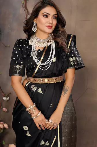 black satin silk blend floral & botanical motifs zari woven banarasi saree